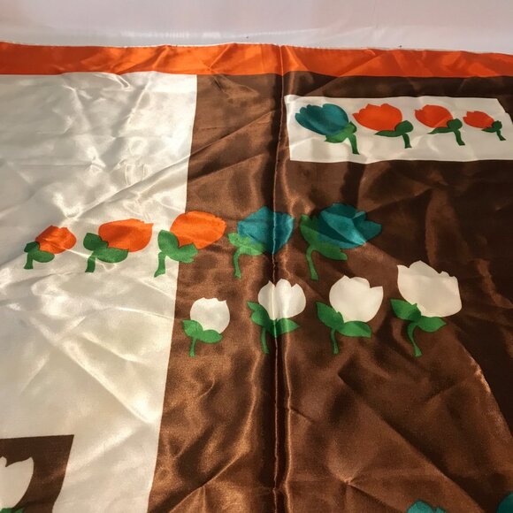 St Germain Silk Scarf  Floral Print Tulips Brown Orange Green White Square 28" - Picture 6 of 8